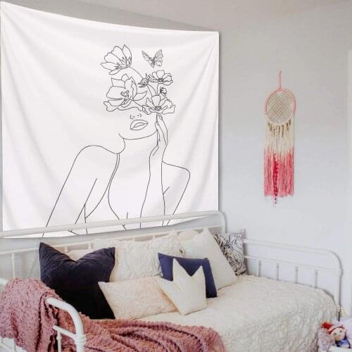 2021 Art Line Aesthetic Tapestry Simple Woman with Flower Butterfly Wall Hanging Modern Minimalist Abstract Creative Sketch Wall
