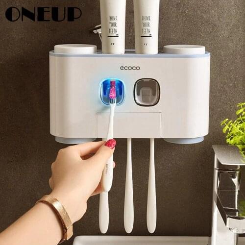 ONEUP Automatic Toothpaste Dispenser Dust-proof Toothbrush Holder With Cups No Nail Wall Stand Shelf Bathroom Accessories Set
