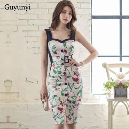 Elegant Party High Waist Tight Dress 2020 Summer Simple Single Row Of Decorative Buttons Sleeveless Floral Office Dress Women
