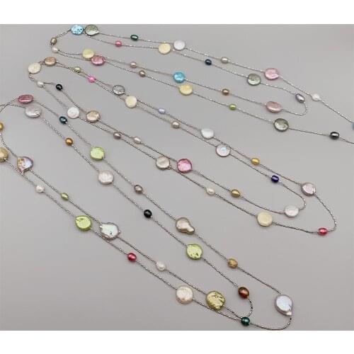 FoLisaUnique Freshwater Rice Pearls Coin Pearls Long Necklace For Women Girls Floating Style Stainless Steel Chain Classic Gift