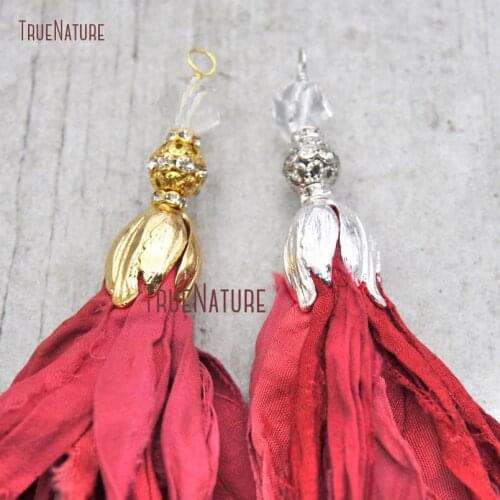 Red Sari Silk Tassel Pendant Clear Rhinestone Pave Gold Silver Tulip Cap Tassel Pendant Sari Silk Ribbon Pendant PM14664