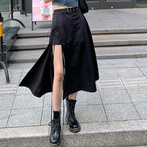 Summer Skirts Women Lace Up Sexy Black Skirt Harajuku Split Irregular High Waist Long Skirt Casual Streetwear 2021 юбка панк