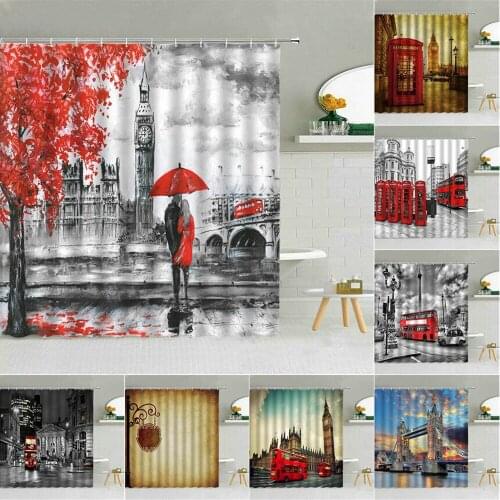 London Architecture Street View Shower Curtains Lovers Big Ben Red Telephone Box Bridge Waterproof Fabric Bathroom Decor Curtain