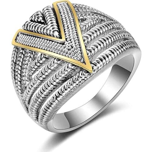 2 Tone Wide Statement Rings Vintage Cable Wire Crossover Chunky Band Silver Rings for Women Men