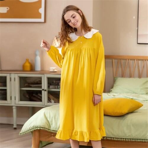 Modal Nightdress Long Sleeve Cute Home Service Cartoon Cotton Nightwear Women Ruffled Loose yellow night dress new 2020