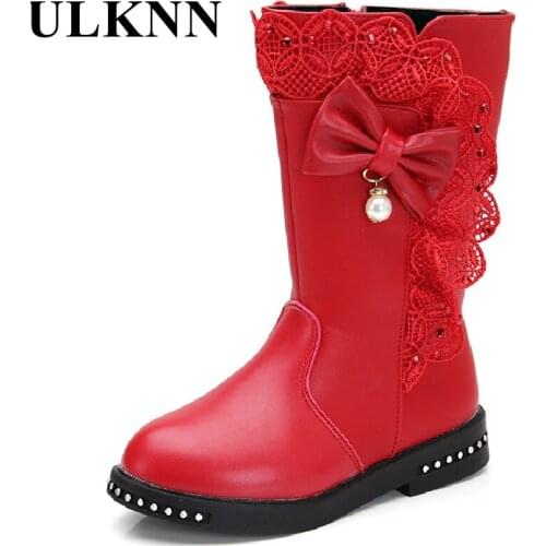 ULKNN Girls Lace Bow Princess Shoes Children Fashion Boots Outdoor School Shoes Of Baby Girl Kids Boots Mid-calf 4-12Years Warm