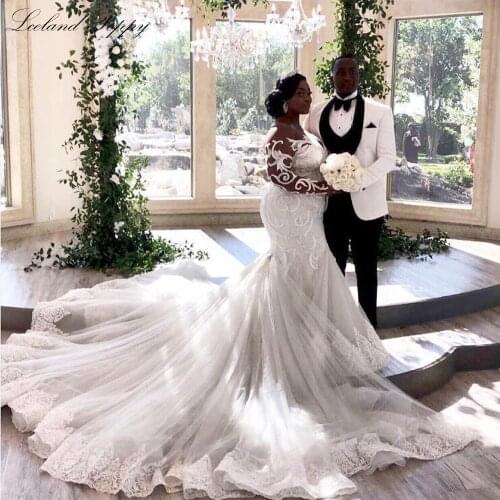 Lceland Poppy Sexy Mermaid Wedding Dresses Sheer Neck Long Sleeves Lace Appliques Bridal Dress Vestido de Noiva