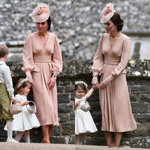 Dusty Pink Mother Of The Bride Dresses 2019 Long Sleeves Tea Length V neck Vintage vestido de madrinha Wedding Guest Dress