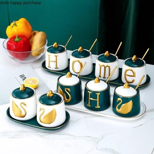 Nordic Ceramics Spice Jar Combination White/green Deer Swan Seasoning Box Four-piece Suit with Tray Kitchen Spice Container