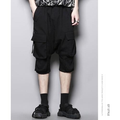 Dark personalized design webbing overalls straight tube thin quarter pants mens casual shorts mens fashion Korean pants