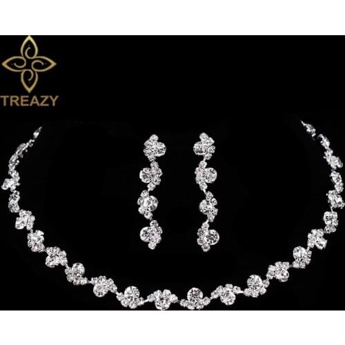 TREAZY Silver Color Rhinestone Crystal Waving Choker Necklace Earrings Set Bridesmaid Bridal Wedding Jewelry Sets