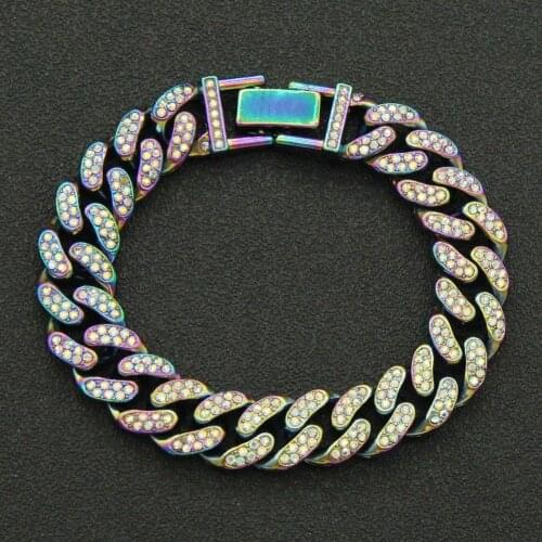 European and American hip-hop jewelry with rhinestone wide13mm Cuban chain domineering colorful bracelet men for men party