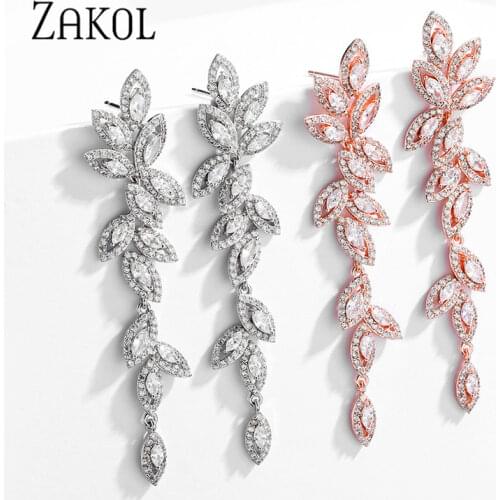 ZAKOL Fashion Poland CZ Leaf Wedding Jewelry Marquise AAA Cubic Zirconia Long Dangle Bridal Earrings For Elegant Women FSEP5030