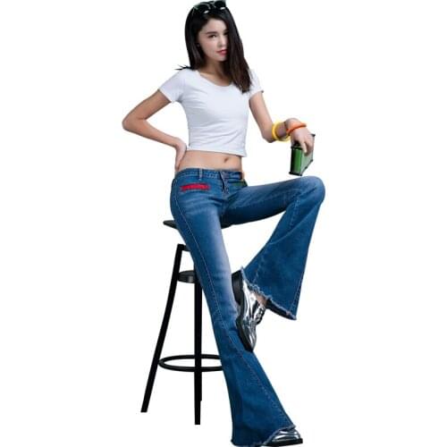 ACRMRAC Women Spring and autumn Middle waist speaker Slim Burr Flare Pants Long pants jeans Women