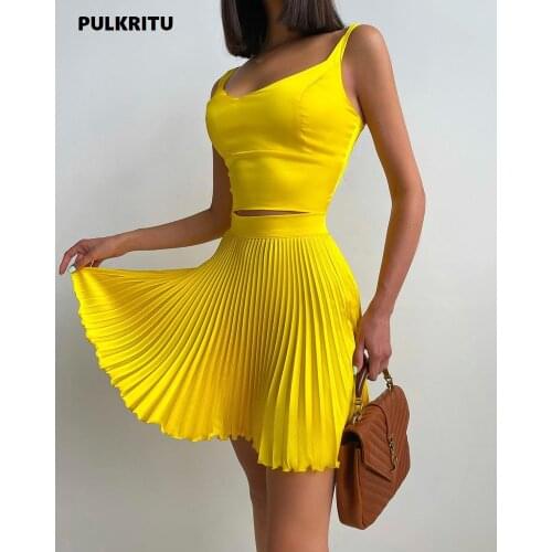 Pulkritu Women Pleated Skirts Set with Tank Tops Matching Two 2 Piece Set Active Streetwear Outfits Summer Sexy Dress Suit