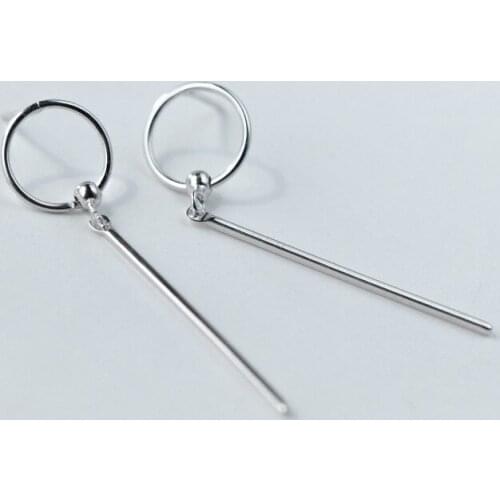 Ladys Geometric Jewelry REAL. 925 Sterling Silver Jewelry Open Circle & Straight Bar Long Earrings dANGLE GTLE1503