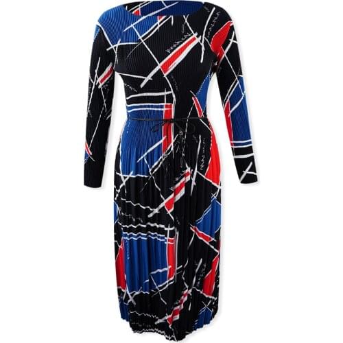 Spring New Fashion Geometric Pattern Long Sleeve Pleated Dress For Women Chiffon Dress Vestidos Streetwear Color Block Dress