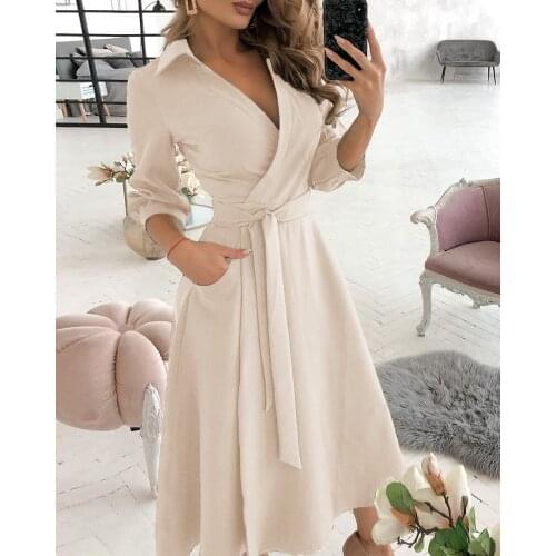 Lady Vintage Dress Women V-neck Mid-Calf Dress Elegant Workwear Dresses Women 2021 Office Vestido De Mujer
