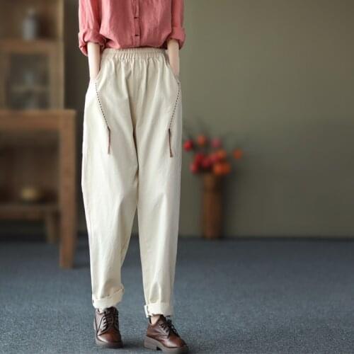 2021 Autumn Capris Pants for Women Harajuku Cotton Harem Pants Women Vintage Tassel Ankle Length Elastic Waist Girls Trousers