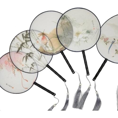 Retro antique tassels vintage palace round fan bamboo handle artistic graphic Dancing props womens silk fans gift