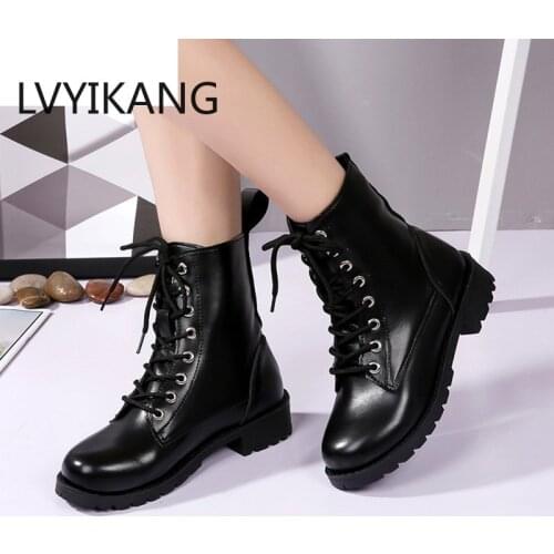 Boots Women Fashion Solid Leather Middle Lace-Up Thick Martin Boots Round Toe Shoes Outdoor PU Leather Winter Female Shoes Sep