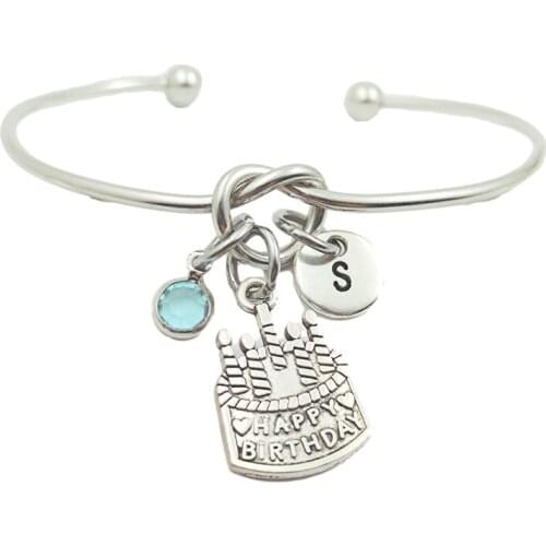 Birthday Cake Retro Creative Initial Letter Monogram Birthstone Adjustable Bracelet Fashion Jewelry Women Gift Pendant