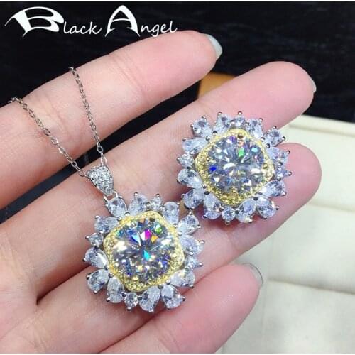 BLACK ANGEL 925 Silver Super Shiny Gemstone CZ Created Moissanit Wedding Jewelry Set Pendant Necklace Resizable Ring For Women