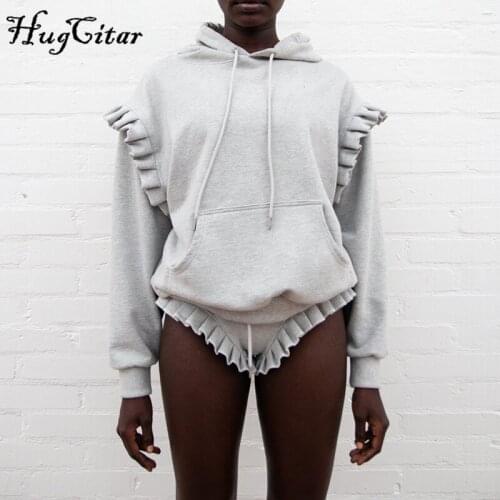 Hugcitar Women Loose Bandage Hooded Tops Sweater Asymmetrical Mini Shorts 2 Pieces Set 2021 Autumn Winter Fashion Outfits Y2K