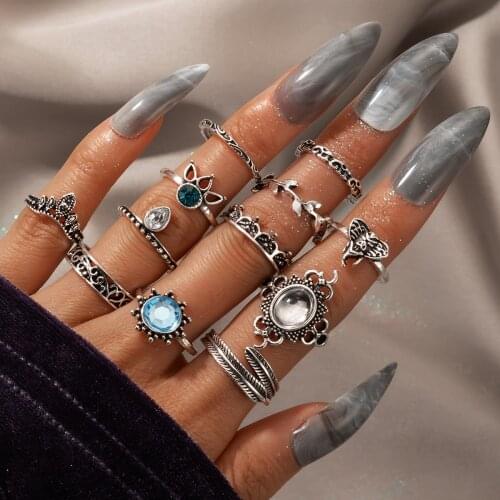 Docona Antique Silver Color Crystal Ring Set Knuckle Wedding Ring Set Geoemtric Elephant Opals Rings Anillos Anel Rings Jewelry