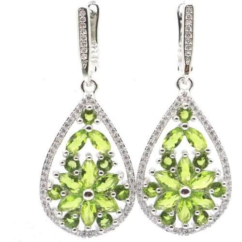 45x18mm SheCrown Jewelry Set Created Long Drop London Blue Topaz Green Peridot CZ For Sister Daily Wear Silver Pendant Earrings