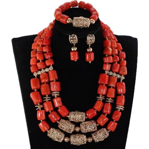 Coral Wedding Jewelry Set African Costume Jewelry Coral Beads Bridal Necklace Sets Dubai Gold Jewelry Set Gift CNR054