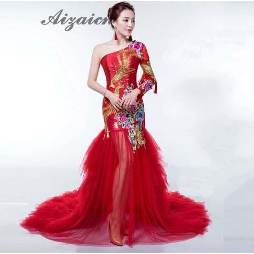 One Shoulder Long Sleeve Red Mermaid Evening Dress 2018 Summer Sexy Mesh Party Dresses Luxury Embroidery Chinese Wedding Qipao