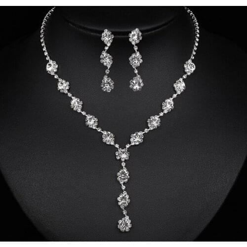 Cute Female Crystal Round Jewelry Set Charm Silver Color Dangle Earrings For Women Dainty White Zircon Wedding Chain Necklace