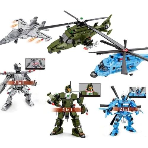MOC 2 in 1 Transformation Robot Plane Building Blocks Military SU-27 Fighter H-92 Helicopter Bricks Toys For Kids Birthday Gifts