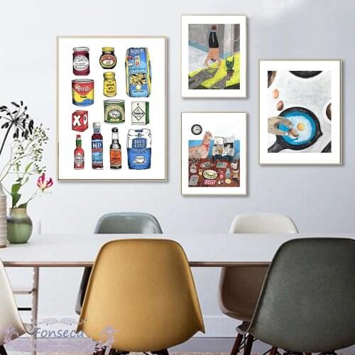 Cartoon Life Trivia Scene Illustration Poster Wall Art Print Picture Abstract Cabinet Food Coffee Canvas Painting Kitchen Decor