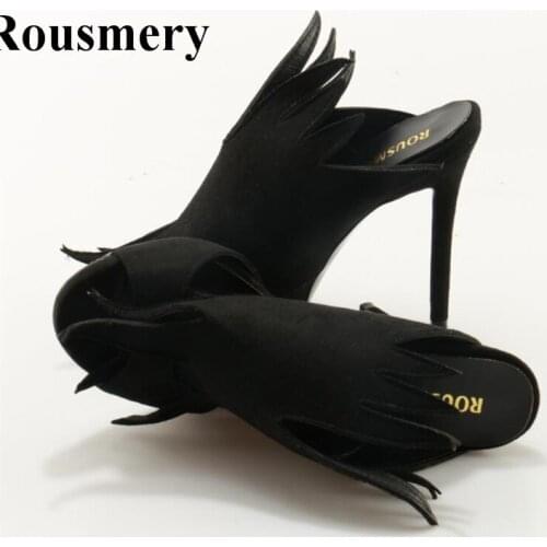 New Fashion Women Open Toe Black Suede Leather Fire Shaped Slip-on High Heel Sandals Slipper Sandals Women Casual Sexy Shoes