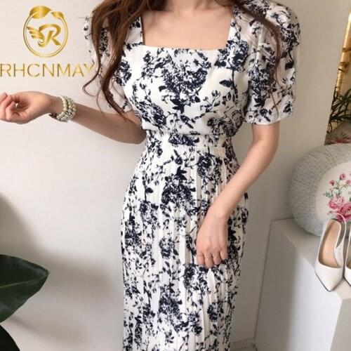 New Summer Women Elegant Vintage Square Collar Print Lace-up Slim Dress Lady Casual Chic Short Sleeve Pleated Bandage Dresses