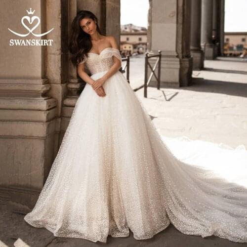 Romantic Pearls Wedding Dress Sweetheart Off Shoulder A-Line Princess Bridal Gown 2020 SwanSarah I202 Illusion Vestido De Noiva