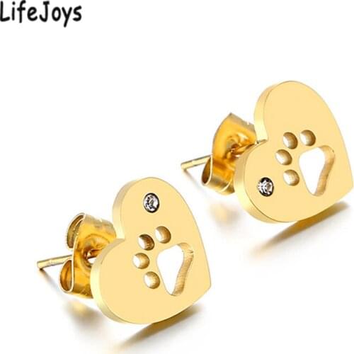 Heart Stud Earrings Zircon Stainless Steel Hollow Cat Paw Print Earrings Women Jewelry Gold Silver Color For Pet Lovers Quality