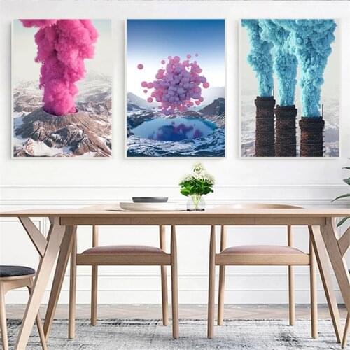 Nordic Creative Landscape Balloon Volcano Red Blue Smoke Canvas Paintings Poster and Print Wall Art Picture Home Decor Cuadros