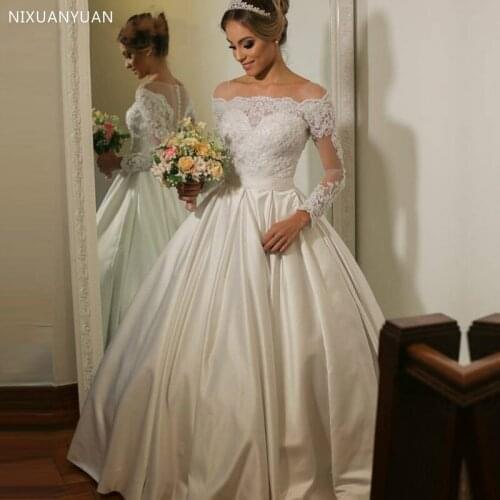 Vestido De Noiva 2021 Boat Neck Long Sleeve Wedding Dress Lace Applique Button Back Robe De Soiree Satin Wedding Gowns
