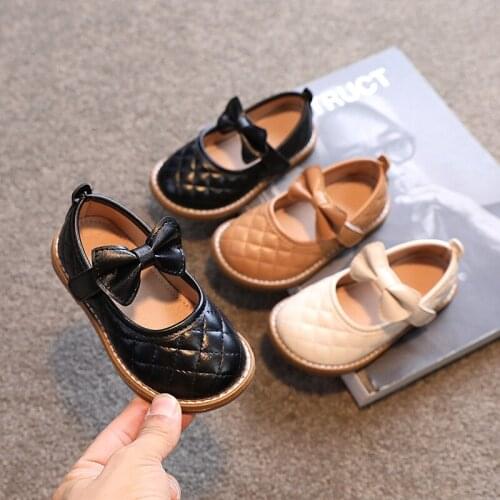 Rhombic Pattern Girls Leather Shoes 2021 Autumn Retro Baby Shoes Kids Princess Shoes Soft Sole Children Shoe Butterfly-knot Shoe