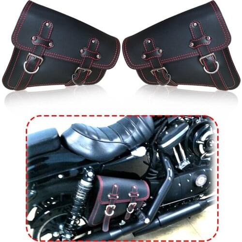 Universal Motorcycle Black PU Leather White Line Saddle bags Cruiser Side Storage Tool Pouches For Harley Sportster XL883 XL1200