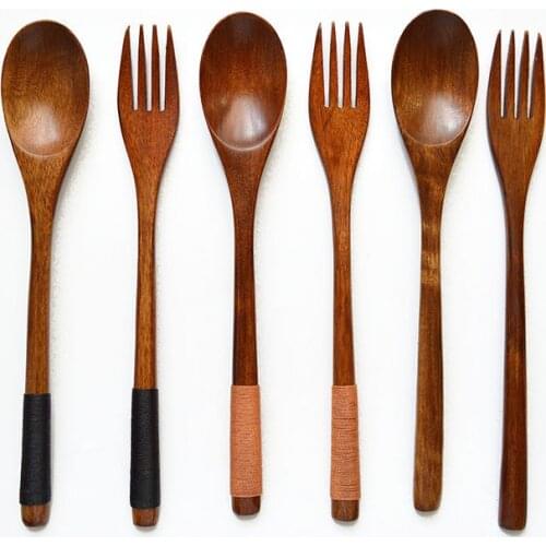 Japanese Mixing Tea Scoop Dessert Fork Wooden Rice Salad Spoon Dinner Cutlery Restaurant Environmental Tableware 2pcs/set