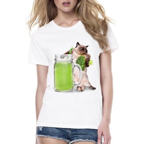 Womens Animal T-shirt printing expert Cute design tops Love to drink vegetable juice cat/Frog cat Funny women t-shirt