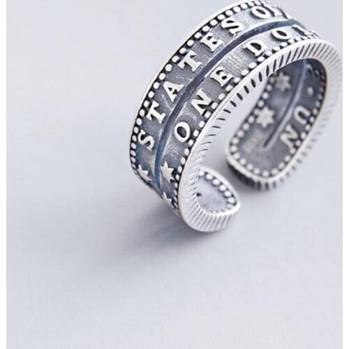Sole Memory Retro Letter Fashion Stars Original Art 925 Sterling Silver Female Resizable Opening Rings SRI506