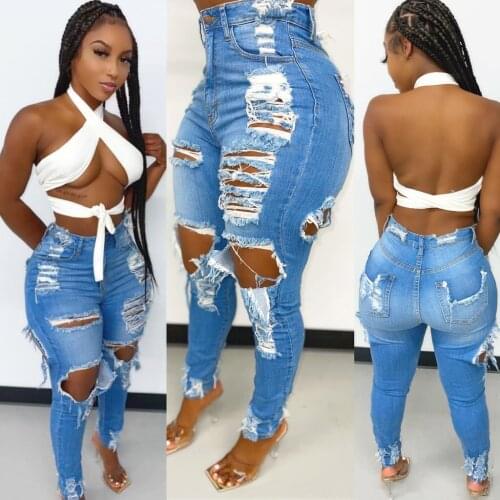 Jeans for Women Hole Ripped High Waist Push Up Pants Skinny Vintage Sexy Slim Calf Length Pencil Trousers Plus Size