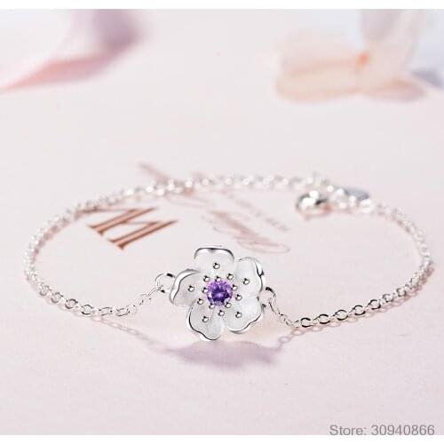 Sweet Pink Zircon Sakura Flower Charm Bracelets For Women INS 925 Sterling Silver Bracelet Wedding Party Jewelry 2020