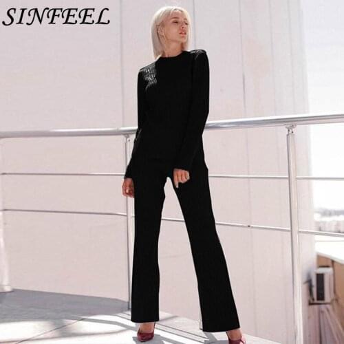 SINFEEL Sweater Knitted Top & Wide Leg Pant Set Women Long Sleeve Elegant Two Pieces Set 2019 Spring Two piece Tracksuit clothes