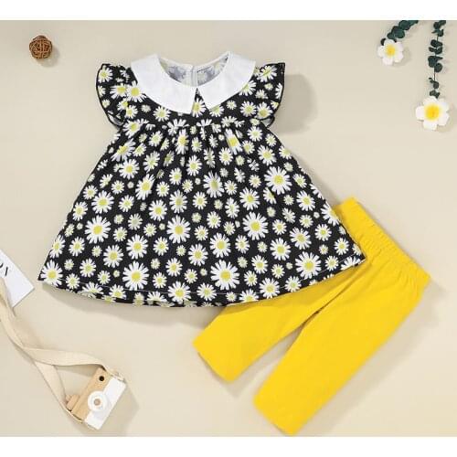 2021 newest arrival Girls Casual Two-piece Clothes Set Floral Printed Pattern Ruffled Collar Tops and Solid Color Pants